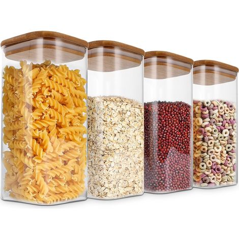Lot de 4 Bocaux Verre 1500ml Couvercle Bois Hermétique Rangement Cuisine Grains Pâtes