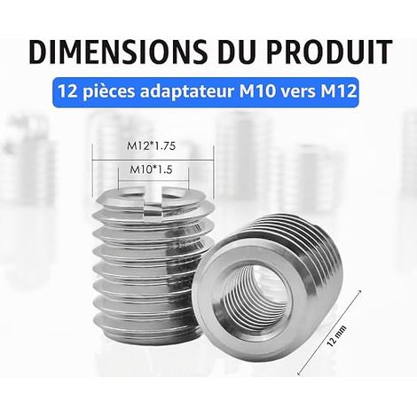 Adaptateurs de Filetage en Acier Inoxydable, Inserts Filetés Réducteurs M12 à M10 x 15 mm, Manchons Filetés pour Réparation et Assemblage dans l'Automobile, la Mécanique et le Mobilier (1/4)