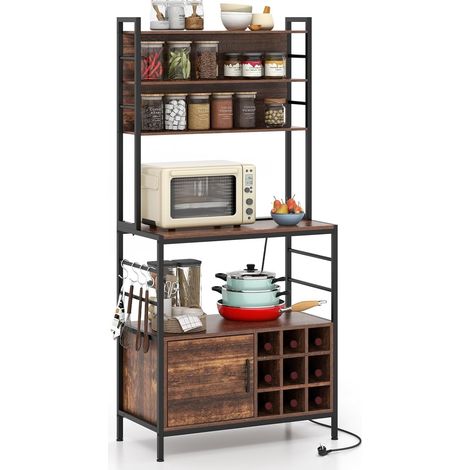 COSTWAY Scaffale da Cucina con Multipresa, Scaffale per Microonde su 5 Ripiani, Mensola da Cucina con 4 Ganci e 9 Portabottiglie di Vino per Sala Pranzo, 107 x 37 x 160 cm (Marrone)