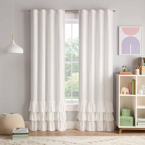 Verdunkelungsvorhang mit Kaskadenrüschen für Kinder,213 x 61 cm,Thermaback 100 % Verdunkelung mit oberer Schienenschiene,1 Fensterpaneel,weiß (1/4)