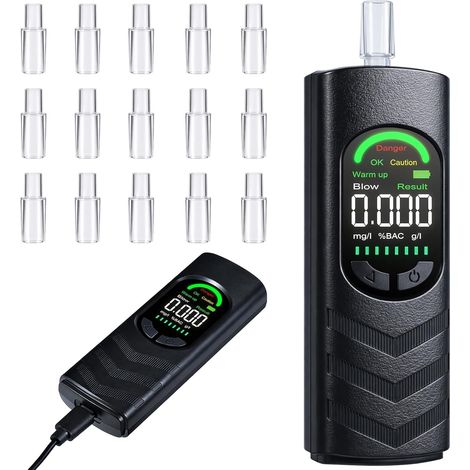 Éthylomètre Alcootest Portable Rechargeable avec Écran LCD et 20 Emboucheures. Idéal pour Usage Personnel, Fêtes et Contrôle Alcool Conduite. (1/5)