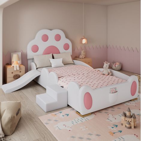 Letto singolo 90x200 cm bianco e rosa in PU con scivolo e scala (1/5)