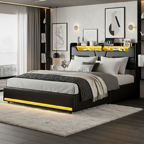 Letto 140x190 cm con illuminazione LED regolabile - porta USB - rete a doghe - PU - contenitore idraulico - testiera moderna - letto per adulti – Nero