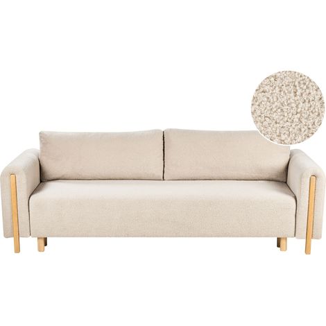 Sofa Bed Beige Boucle Fabric Upholstery Click-Clack Sleeper Mechanism with Storage Minimalistic Style with Armrests KVAM (1/5)