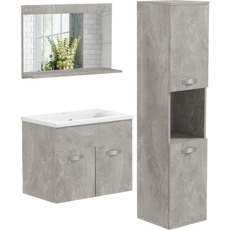 Ensemble de meubles de salle de bain 4 pièces comprenant un lavabo de 60 cm, un meuble de rangement, une colonne de salle de bain et un miroir en bois, gris. (1/5)
