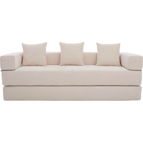 Divano letto, divano da 3 posti con tasche laterali e base antiscivolo, 3 cuscini, in tessuto felpa (chenille), bianco (1/5)
