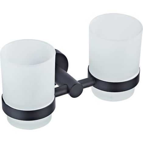 Soporte doble de pared para escobilla de baño de latón negro con 2 vasos, acabado mate, elegante accesorio de baño.