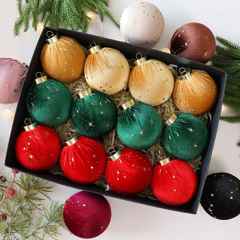 Set mit 12 bruchsicheren Weihnachtskugeln zum Aufhängen, Vintage-Stil mit Flockmuster, 8 cm, mehrfarbig, grün, rot und gelb (1/5)