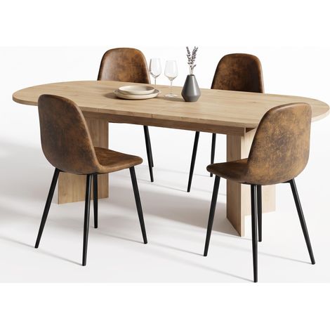 FurnitureR 5-Piece Dining Set, 120-160CM Light Wood Extendable Oval Table & 4 Brown Suede Chairs (1/5)