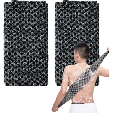 Lot de 2 gants de toilette exfoliants japonais pour le dos, extra longs, noirs, pour hommes et femmes.