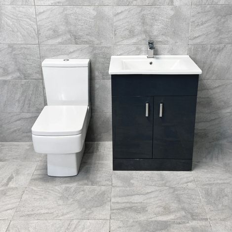 Tess Anthracite Square Vanity Unit Ceramic Basin and Bliss Square Toilet Set, 650mm Unit-No Tap (1/5)