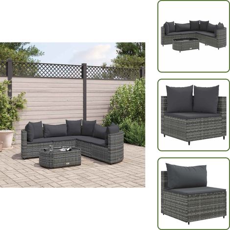 Salon de jardin 6 pcs avec coussins gris résine tressée - Ensemble Salon De Jardin - Canapé Jardin - Meuble De Jardin - Résine Tressée - Rotin Synthétique (1/5)