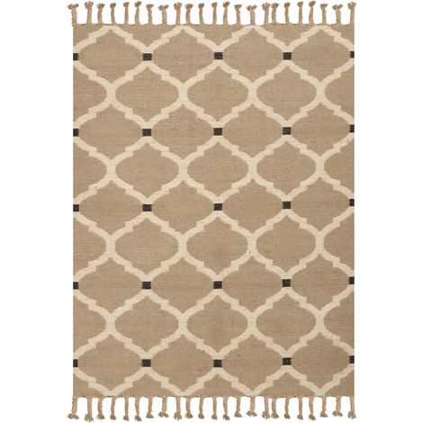 Alfombra de yute trenzado de algodón natural de estilo boho con borlas de diseño geométrico 160 x 230 cm beige Orencik