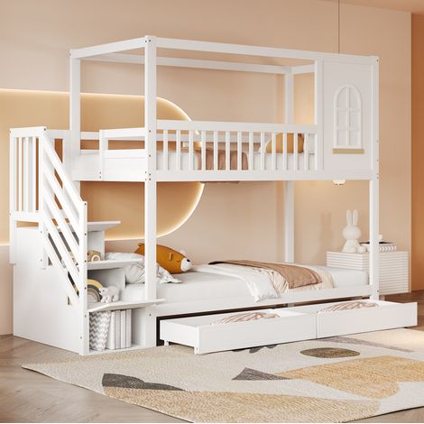 Letto a castello in legno massello bianco 90x200 cm con scala contenitore, cassetti e rete a doghe (1/5)
