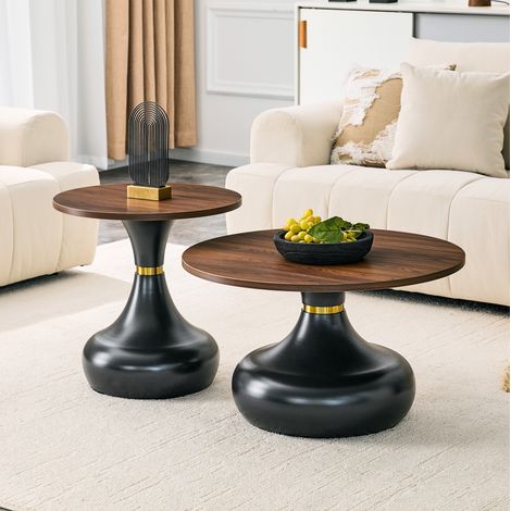 Tables basses rondes 70x42 cm et 50x51,5 cm noyer noir en métal avec forme sablier emboîtable (1/5)
