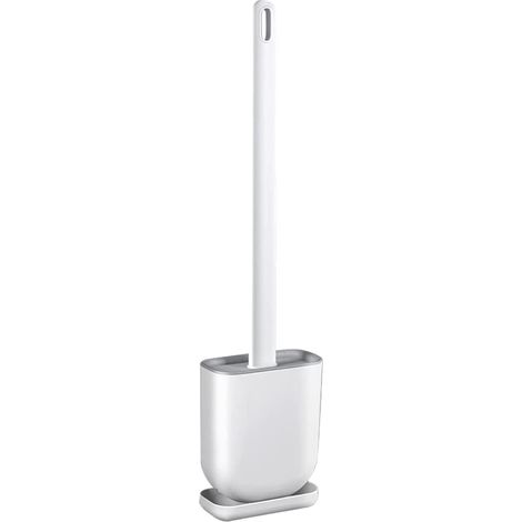 Set de 1Brosse de toilette et support en silicone, poignée en plastique longue et antidérapante et poils souples -Base anti - goutte - pinceau mural - nettoyage en profondeur (Pack de 1Blanc) (1/5)