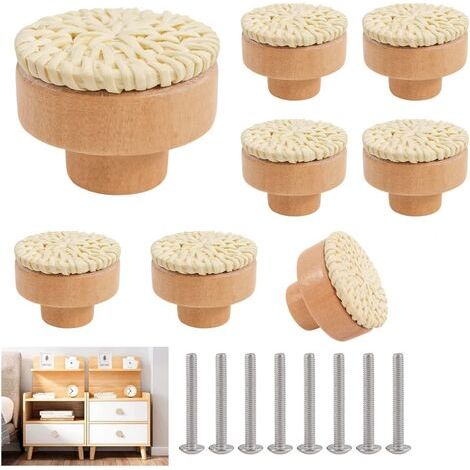 Poignées En Rotin - Poignées Rondes Pour Tiroirs Armoires Commodes - Diamètre 40 mm Hauteur 30 mm - Lot De 8 Avec Vis (1/5)