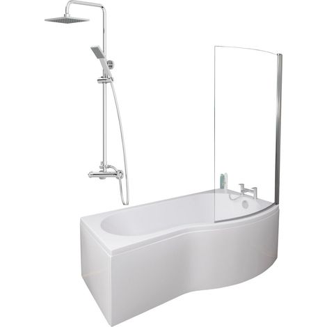 1700mm Bathroom P Shaped Bath Mixer Shower Screen RH White with Front Panel (1/5)