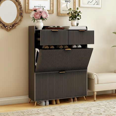 Schuhschrank 80x24x110 cm, mit 2 Schubladen und 2 Türen, Schuhregal für 12 Paare, modernes und funktionales Design - Schwarz