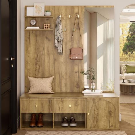 Recibidor de entrada 120 x 35 x 159 cm - mueble recibidor con espejo banco zapatero cajones y perchero de pared efecto madera natural (1/5)