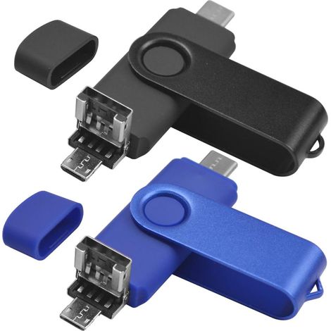 Lot de 2 Clé USB C 64Go  USB 2.0 OTG 3 en 1 Type C USB Micro USB Clef Mémoire Stick 64Gb Flash Drive U Disque pour PC Tablette Android Smartphone（ Bleu Noir） (1/5)