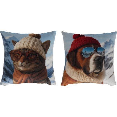 Amadeus - Coussin imprimé chien et chat ski 45x45 cm (lot de 2) (1/5)