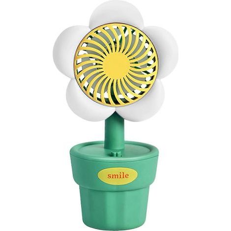 Petit ventilateur avec pot de fleurs style champêtre, chargement USB, jolie fleur, blanc, idéal pour le bureau, la chambre d'étudiant ou comme ventilateur de bureau. (1/3)