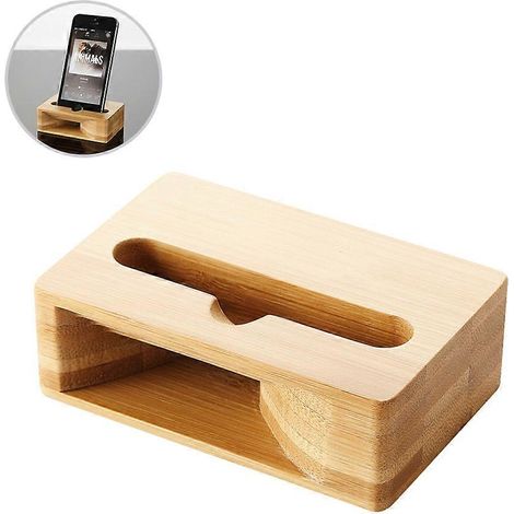 Support de téléphone portable avec haut-parleur intégré et base en bambou, compatible avec la plupart des téléphones portables. (1/5)