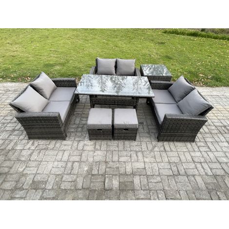 Fimous Wicker PE Rattan Garden Furniture Sets Outdoor Lounge Sofa Set with Oblong Dining Table Double Seat Sofa Side Table 2 Small Footstools Dark Grey Mixed (1/5)