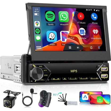 1 Din Retractable Screen Car Radio with Wireless Carplay Android Auto, 1 Din 7 Inch Touch Screen Radio with Bluetooth, FM Radio, Online Video, EQ, Support U/USB/Type-C Disk and Backup Camera (1/5)