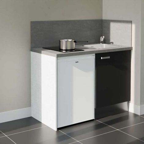 Kitchenette K08 Noir - Plan de travail Gris béton - Crédence : Oui - Electroménager : Blanc (1/5)