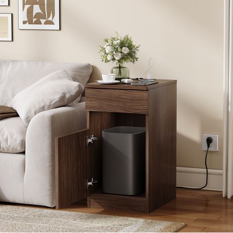 Comodino moderno in MDF effetto noce, 1 cassetto, stazione di ricarica USB-A/USB-C e presa AC, 33x40x61,5 cm (1/5)