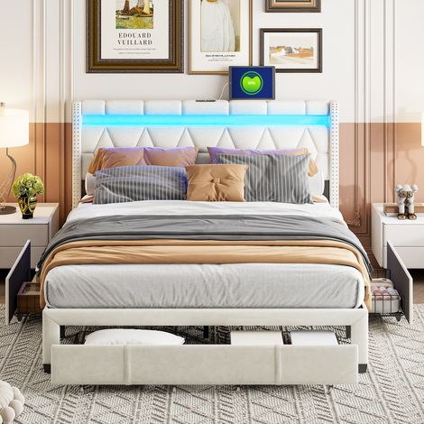 JOOKGBD–Letto Matrimoniale Imbottito 160x200 cm,Letto a Contenitore,4 Cassetti,Illuminazione LED,Porta USB,Rete a Doghe,Letto per Adulti e Ragazzi,Lino,Beige
