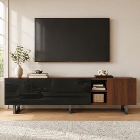 Mueble TV moderno (180x38x50 cm), diseño minimalista de alto brillo, MDF, negro y natural (1/5)