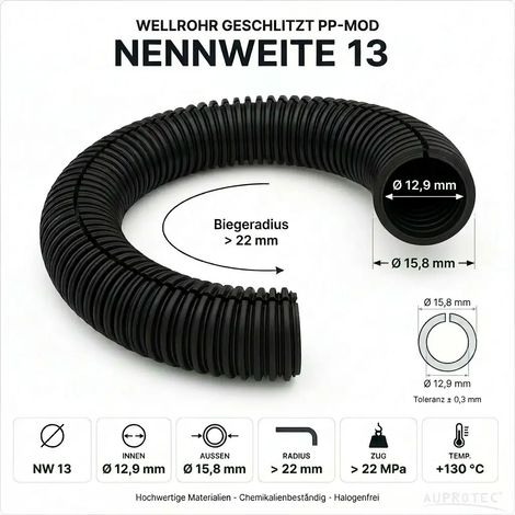 50m PP Wellrohr geschlitzt NW 13 Schwarz Innen-Ø 12,9 mm UV-beständig