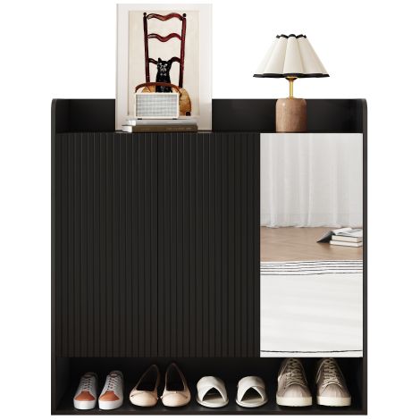 Armoire à chaussures design avec structure verticale rayée noire, meuble d’entrée avec miroir intégré plein pied, rangement multi-niveaux haute capacité