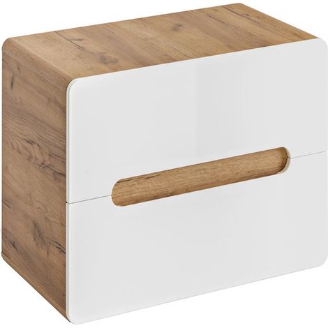 Waschtischunterschrank mit 2 Schubkästen 60 cm LUTON-56, Hochglanz weiß mit Wotan Eiche Nb., B/H/T ca. 60/53/46 cm (1/5)