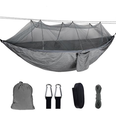 Hamac double avec moustiquaire et sac de rangement, en tissu parachute haute résistance, idéal pour le camping, la chasse et la randonnée (gris). (1/5)