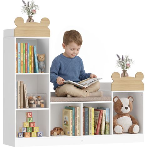 Bibliothèque pour enfant - AIYAPLAY - banc, 6 compartiments, 2 étagères ouvertes, coussin d'assise - bois - 121x30x106cm - blanc (1/5)