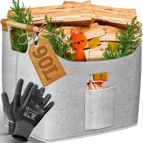KESSER® Cesto per legna da ardere  Sacco per legna da ardere in Feltro extra Spesso  Pieghevole con manici in legno rinforzati  Cesto di stoccaggio  Guanti da lavoro inclusi / Grigio Chiaro - 60 litri