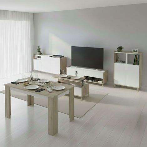Pack Muebles de Salón, Módulo TV + Mesa Centro Elevable, 2 Aparadores y Mesa Comedor Roble Japonés y Blanco