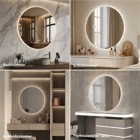 Miroir de salle de bain LED rond 80 cm, rétroéclairé, antidim, 3 températures de couleur, variateur progressif, fonction mémorisation, interrupteur tactile, miroir argenté HD sans cuivre 5 mm (1/5)