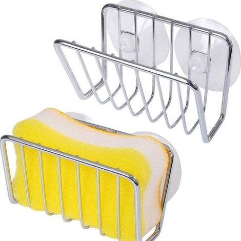 Porte-éponges double - Étagère - Organisateur d'évier - Porte-torchons - Ustensiles de cuisine - Égouttoir - Fixation par ventouses - Acier inoxydable - Argent (1/5)