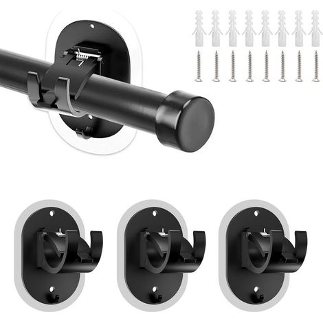 4-teilige Gardinenstangenhalterungen – Montage ohne Bohren – Klebe- oder Schraubbefestigung für Gardinen und Handtuchhalter – Schwarz – 3,5 cm Durchmesser (1/5)