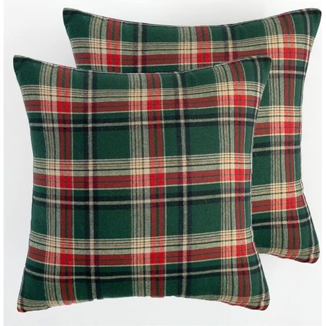 Lot de 2 housses de coussin décoratives pour canapé, motif tartan vert royal, 45 x 45 cm (1/4)