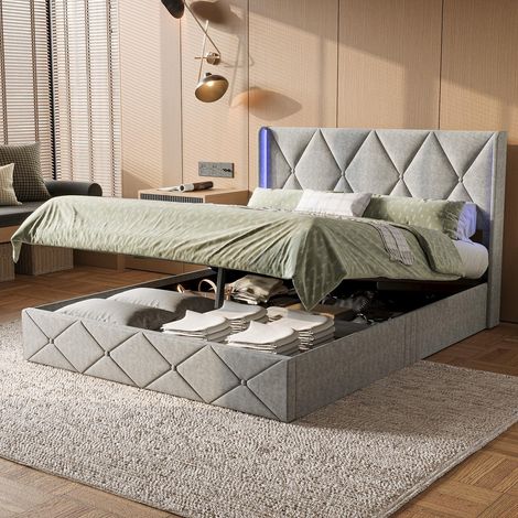 Letto contenitore 140x200 cm con LED e rete a doghe - Letto matrimoniale imbottito con contenitore idraulico - Velluto - Grigio