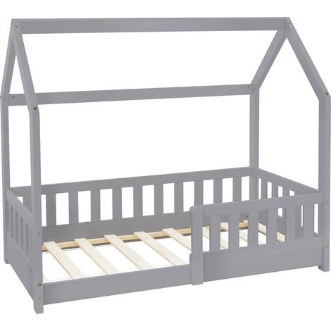 ML-Design Cama Infantil Casa Gris Claro 70x140 cm de Madera de Pino con Protección Anticaída, Techo y Somier Estructura de Listones, Cuna de Suelo Maciza, Lecho Casita de Juego para Niño y Bebé (1/5)