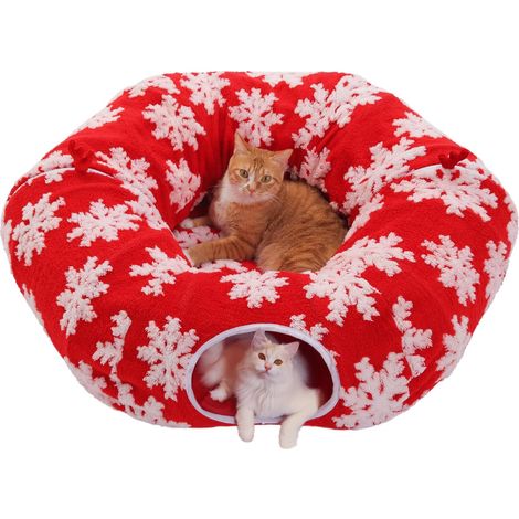 Tunnel de Noël pour Chat avec Lit pour Chats d'Intérieur, 2 en 1 Lit Tunnel Chat en Forme de Donut sous le Sapin de Noël, Jouet Tunnel de Jeu pour Chat avec Coussin Lavable pour Chatons (1/5)