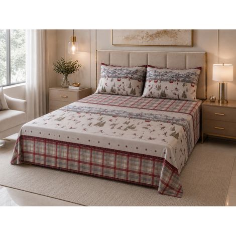 Completo Lenzuola Tirolese Sport 100% Cotone Made in Italy con Sciatori, Cabinovie e Montagne 1 piazza e mezza (1/5)