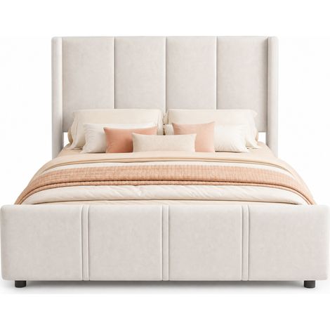 Lit 140x200 cm en velours beige avec tête et pied de lit hauts, ports USB/TYC intégrés, cadre stable et montage facile, design moderne pour chambre - CHICFURN (1/5)